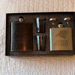 NWT- NFL Carolina Panthers 2 Faux Leather/Stainless Flask  and shot glass Set.